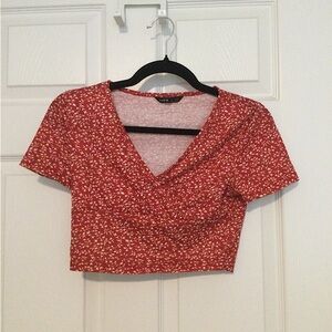 Womens Small Red and White Floral Crop Top